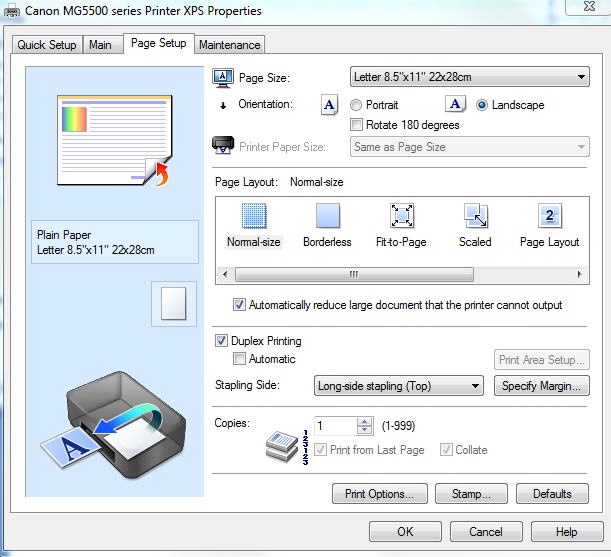 Snip - Print - Properties - Page layout